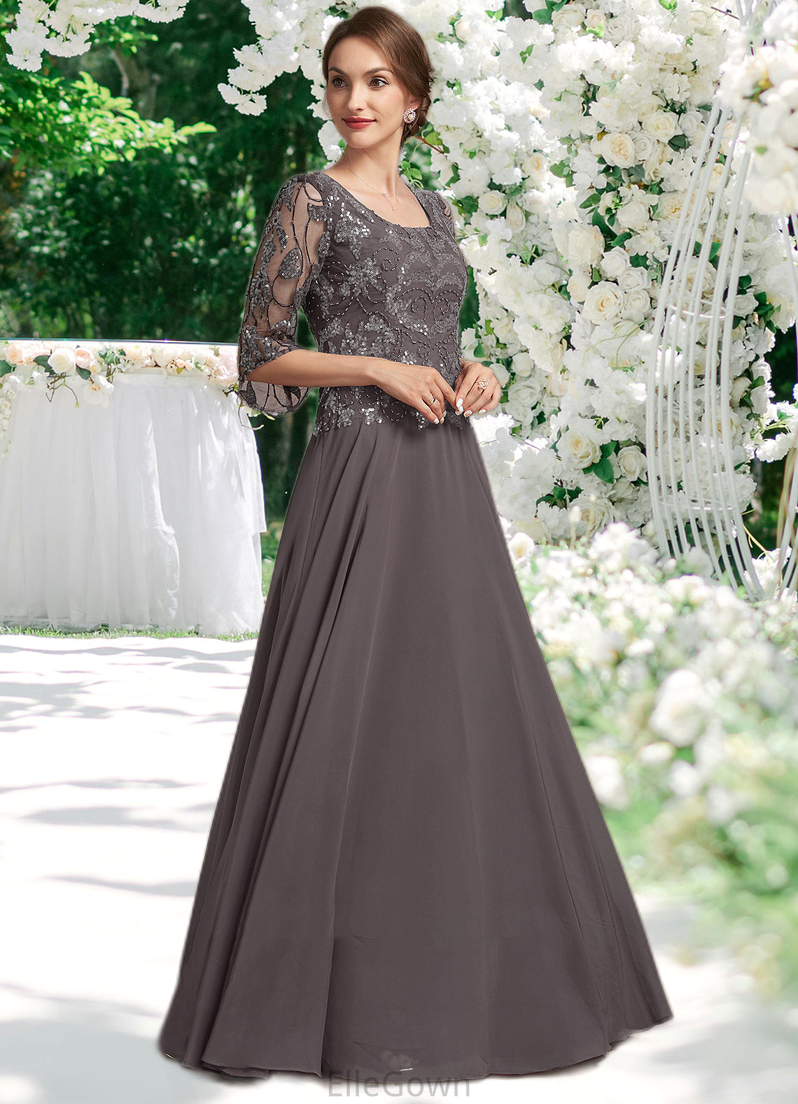 Zoey A-Line Scoop Neck Floor-Length Chiffon Lace Mother of the Bride Dress With Beading Sequins DE126P0015036