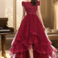 Jaylene A-line Off the Shoulder Asymmetrical Lace Tulle Homecoming Dress With Beading Bow Sequins DEP0020535