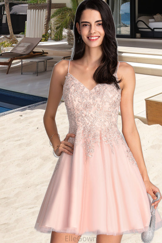 Lucile A-line V-Neck Short/Mini Tulle Homecoming Dress With Beading DEP0020538