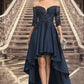 Carla A-line Off the Shoulder Asymmetrical Lace Satin Homecoming Dress With Sequins DEP0020580