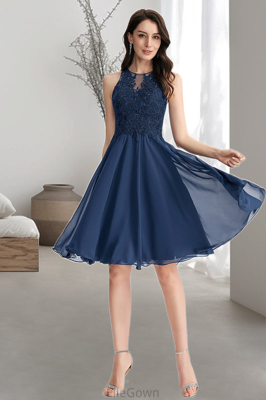 Desirae A-line Scoop Knee-Length Chiffon Lace Homecoming Dress With Beading DEP0020515