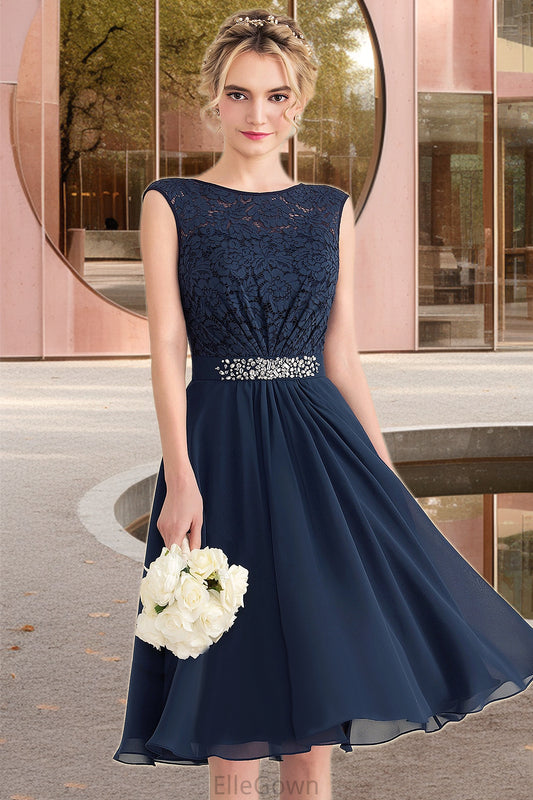 Juliette A-line Scoop Knee-Length Chiffon Lace Homecoming Dress With Beading Bow DEP0020588