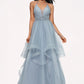 Haley Ball-Gown/Princess Halter V-Neck Floor-Length Tulle Prom Dresses With Beading Rhinestone Sequins DEP0022199