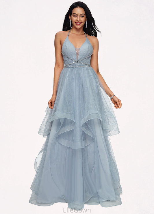 Haley Ball-Gown/Princess Halter V-Neck Floor-Length Tulle Prom Dresses With Beading Rhinestone Sequins DEP0022199