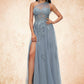 Lia A-line One Shoulder Floor-Length Tulle Prom Dresses With Appliques Lace Sequins DEP0022200
