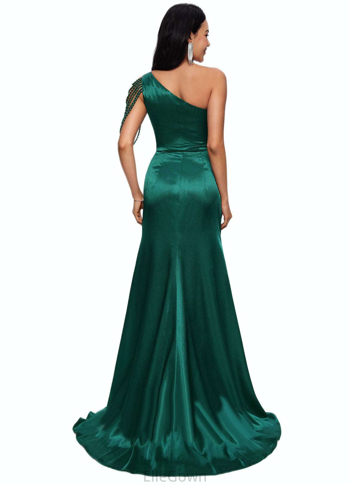 Karlie Trumpet/Mermaid One Shoulder Sweep Train Stretch Satin Prom Dresses With Beading DEP0022205