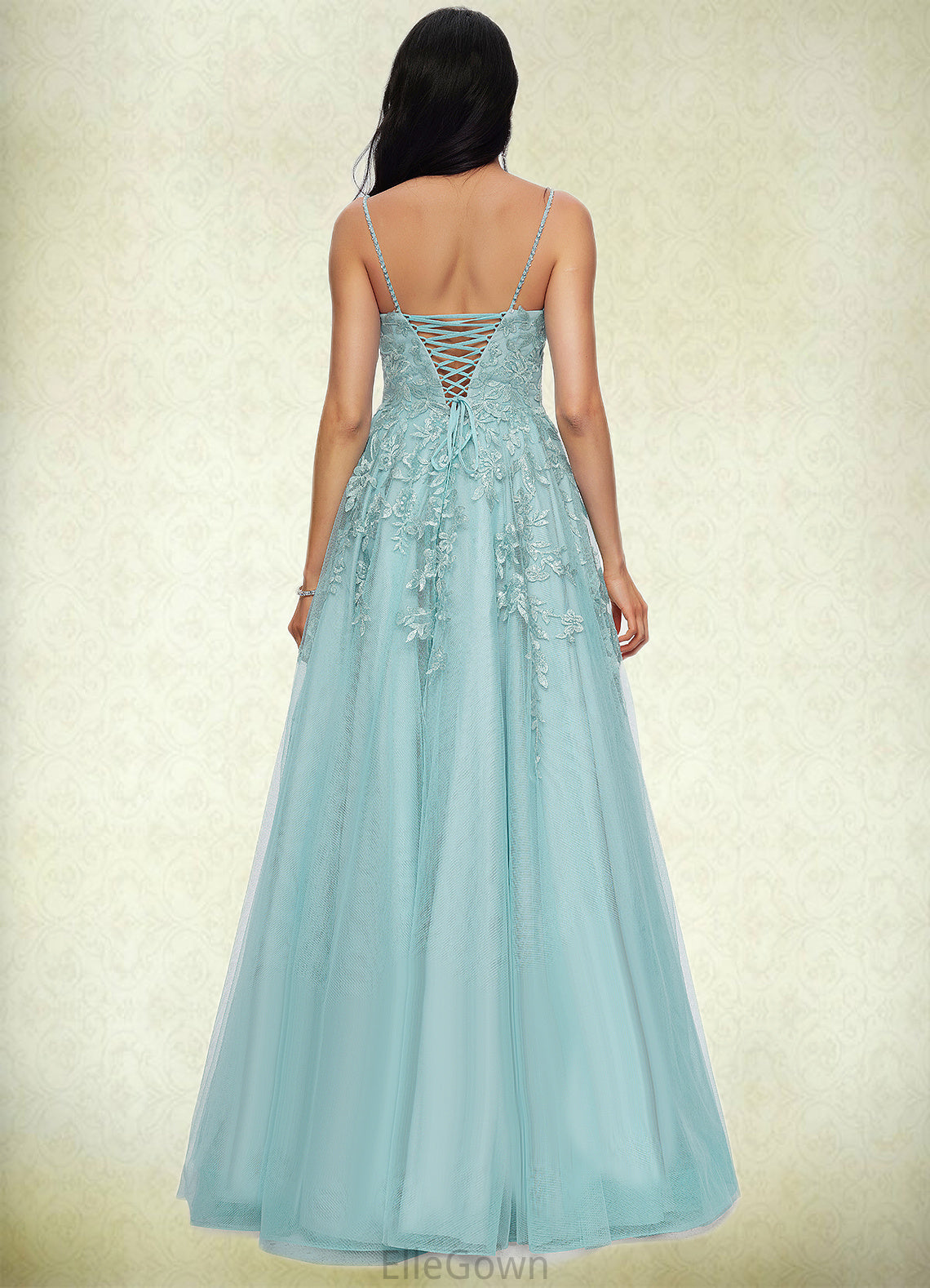 Jordin Ball-Gown/Princess Straight Floor-Length Tulle Prom Dresses With Appliques Lace Sequins DEP0022206