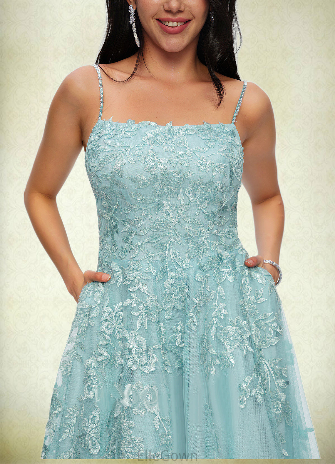 Jordin Ball-Gown/Princess Straight Floor-Length Tulle Prom Dresses With Appliques Lace Sequins DEP0022206