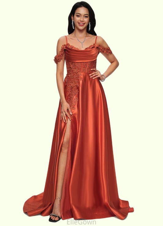 Frida A-line Off the Shoulder Sweep Train Satin Prom Dresses With Rhinestone DEP0022208
