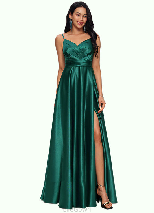 Melinda A-line V-Neck Floor-Length Stretch Satin Prom Dresses DEP0022211