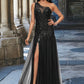 Kaydence Trumpet/Mermaid One Shoulder Illusion Floor-Length Lace Tulle Prom Dresses With Sequins DEP0022217