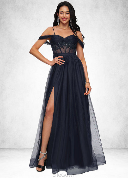 Danica Ball-Gown/Princess Off the Shoulder Floor-Length Tulle Prom Dresses With Appliques Lace Sequins DEP0022221