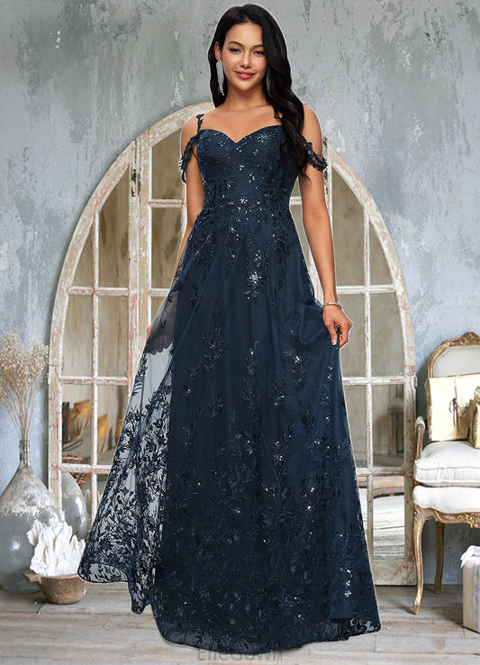 Aubree A-line V-Neck Floor-Length Lace Prom Dresses With Sequins DEP0022222