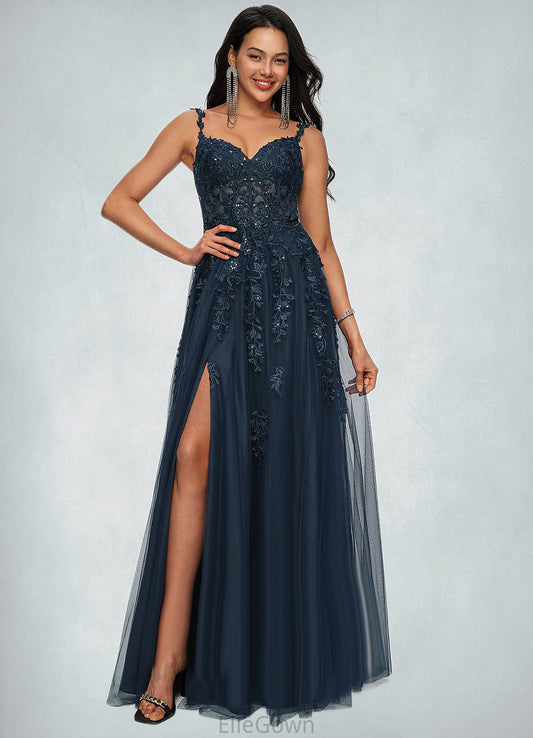 Jaelynn A-line V-Neck Floor-Length Tulle Prom Dresses With Sequins DEP0022224