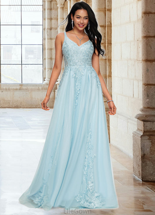 Shaylee A-line V-Neck Floor-Length Tulle Prom Dresses With Rhinestone Appliques Lace Sequins DEP0022225