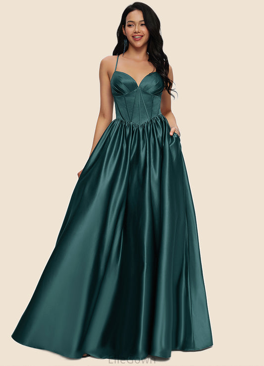 Ashlyn Ball-Gown/Princess V-Neck Floor-Length Satin Prom Dresses With Pleated DEP0022230