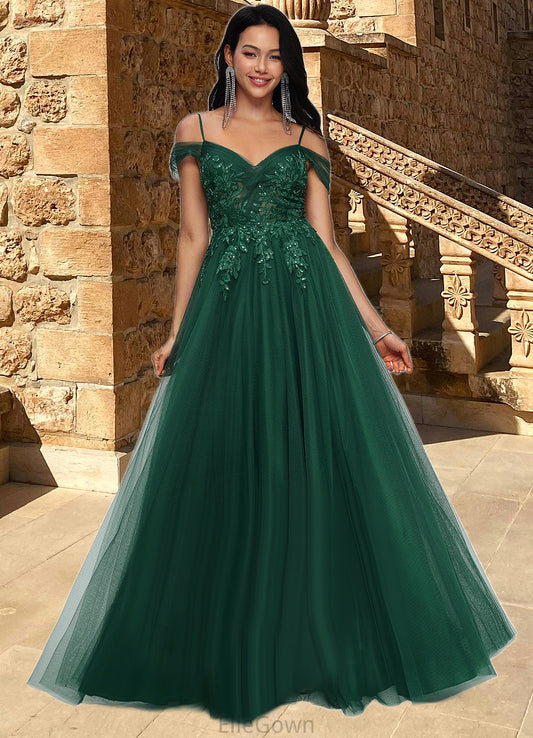 Norma A-line Off the Shoulder Floor-Length Tulle Prom Dresses With Appliques Lace Sequins DEP0022231