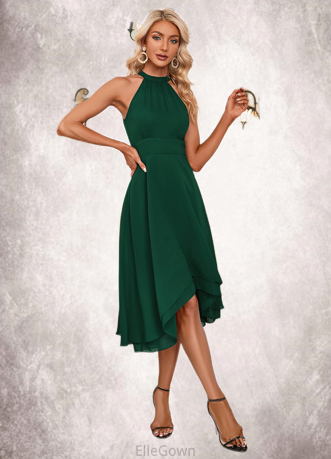 Penny High Neck Elegant A-line Chiffon Asymmetrical Dresses DEP0022253