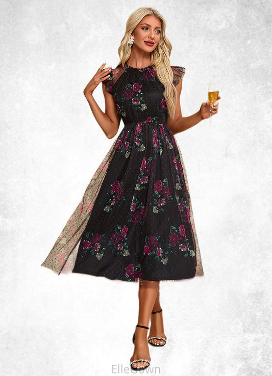 Kit Floral Print Scoop Elegant A-line Tulle Midi Dresses DEP0022277