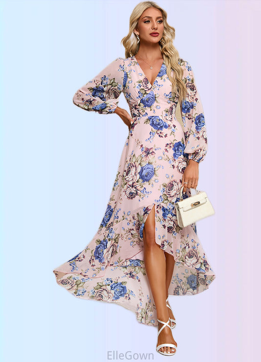 Salma Ruffle Floral Print V-Neck Elegant A-line Chiffon Asymmetrical Dresses DEP0022327