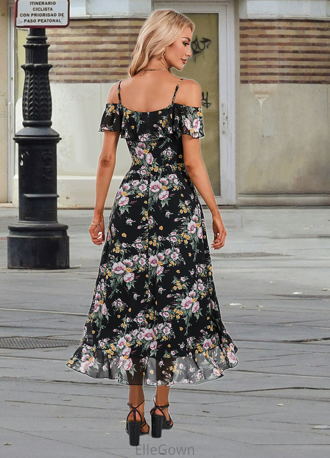 Deja Floral Print Cold Shoulder Elegant A-line Chiffon Asymmetrical Dresses DEP0022369