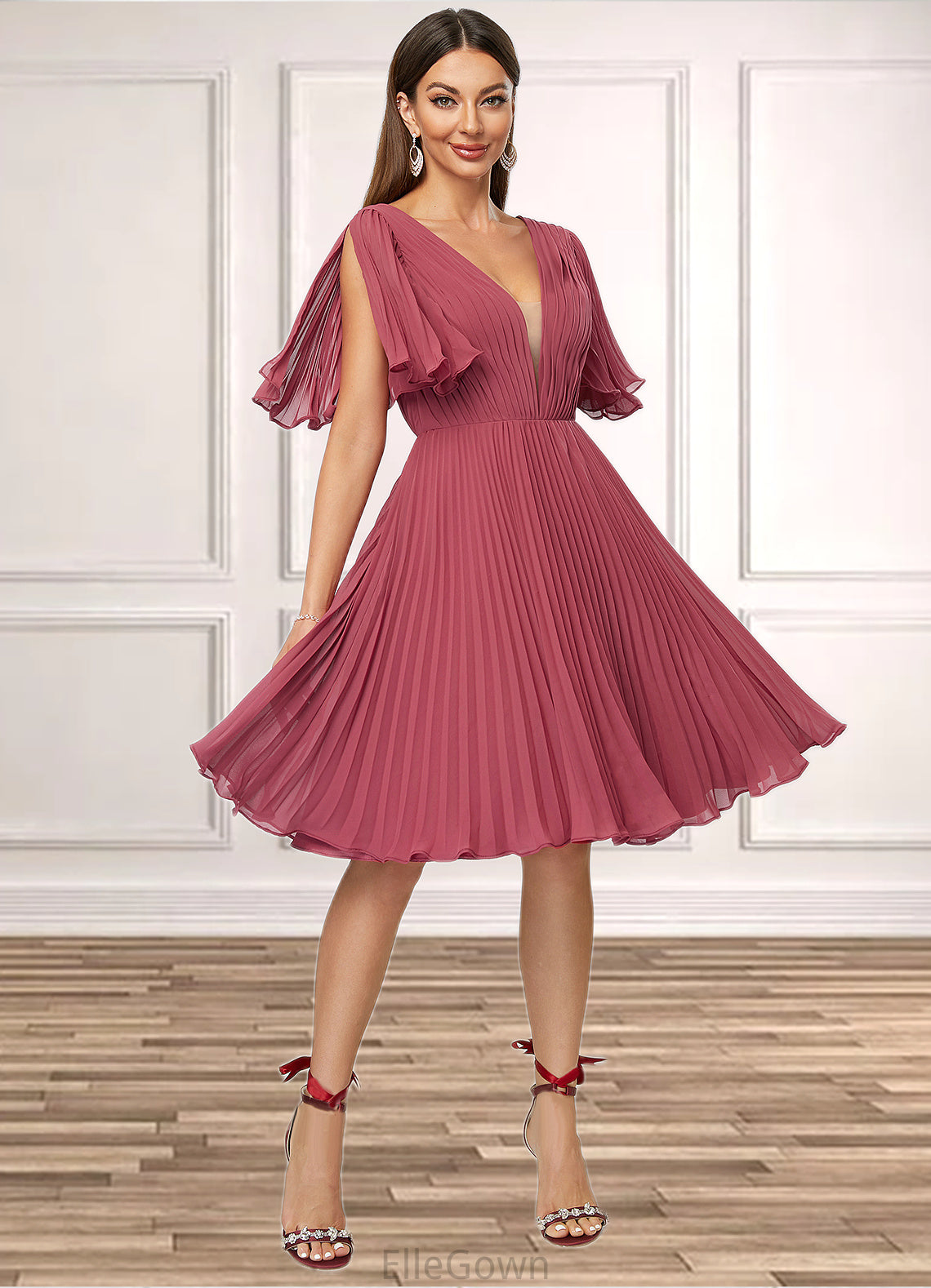 Makaila A-line V-Neck Knee-Length Chiffon Cocktail Dress With Pleated DEP0022429
