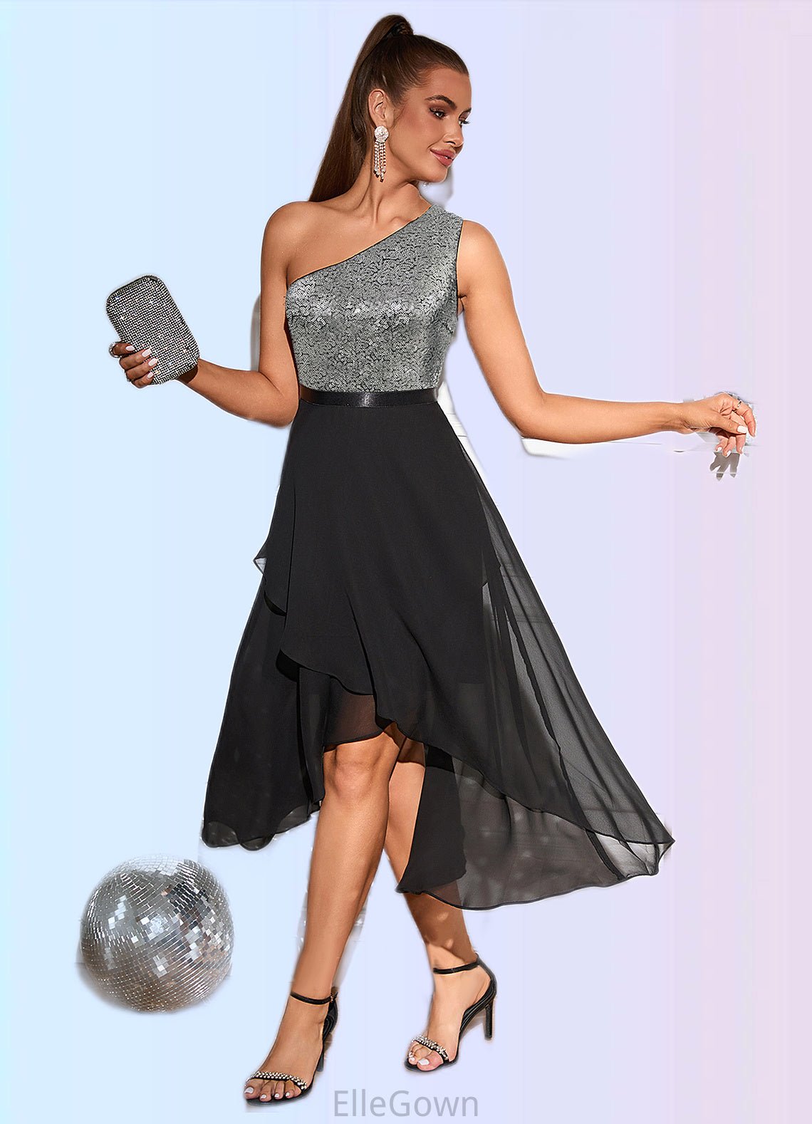 Danielle Sequins One Shoulder Elegant A-line Chiffon Asymmetrical Dresses DEP0022475