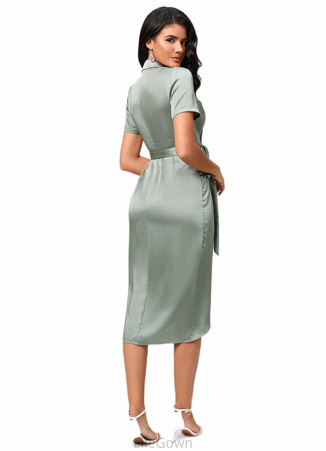 Lilyana Sheath/Column V-Neck Asymmetrical Satin Cocktail Dress With Bow DEP0022488