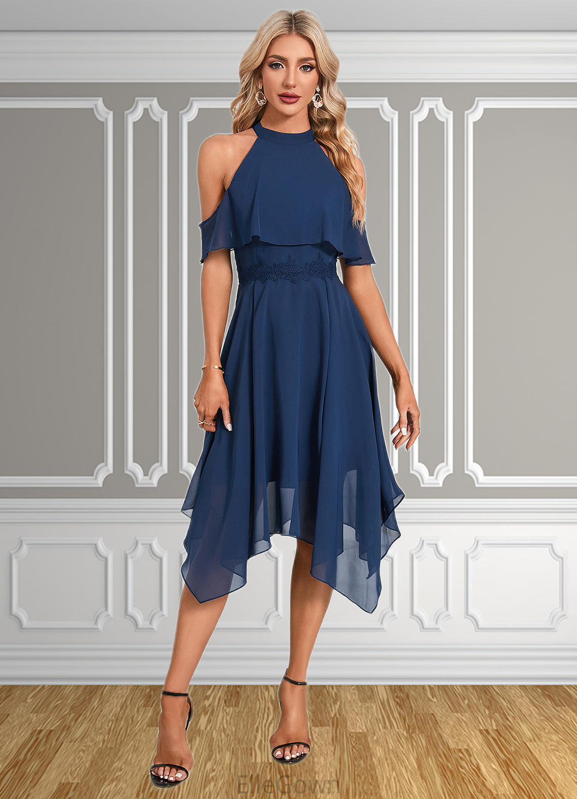 Faith Appliques Lace Off the Shoulder Elegant A-line Chiffon Asymmetrical Dresses DEP0022489