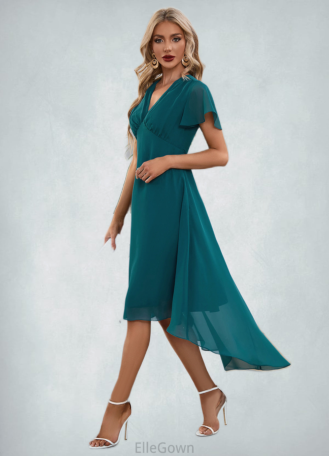 Keyla V-Neck Elegant A-line Chiffon Asymmetrical Midi Dresses DEP0022495