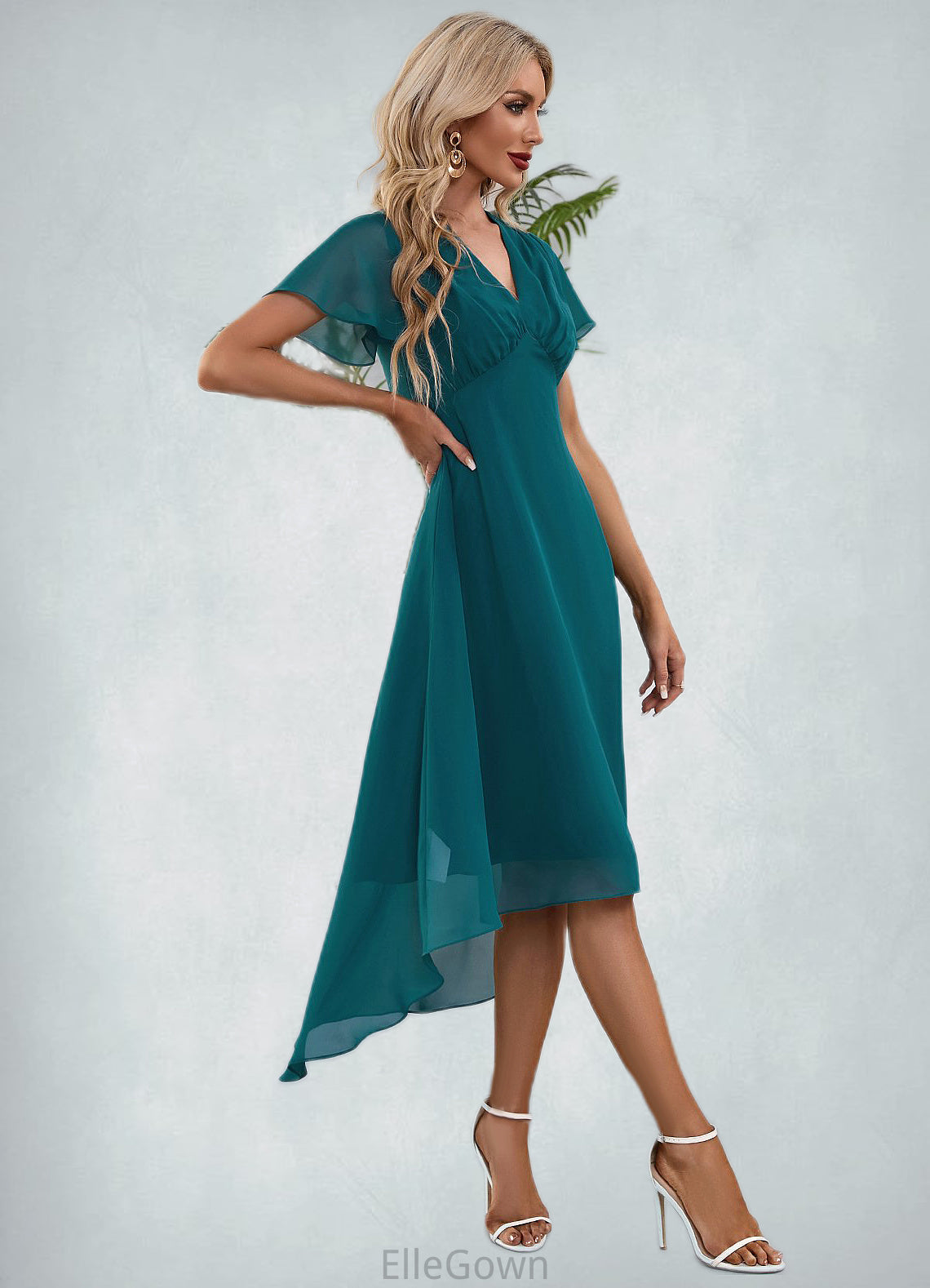 Keyla V-Neck Elegant A-line Chiffon Asymmetrical Midi Dresses DEP0022495