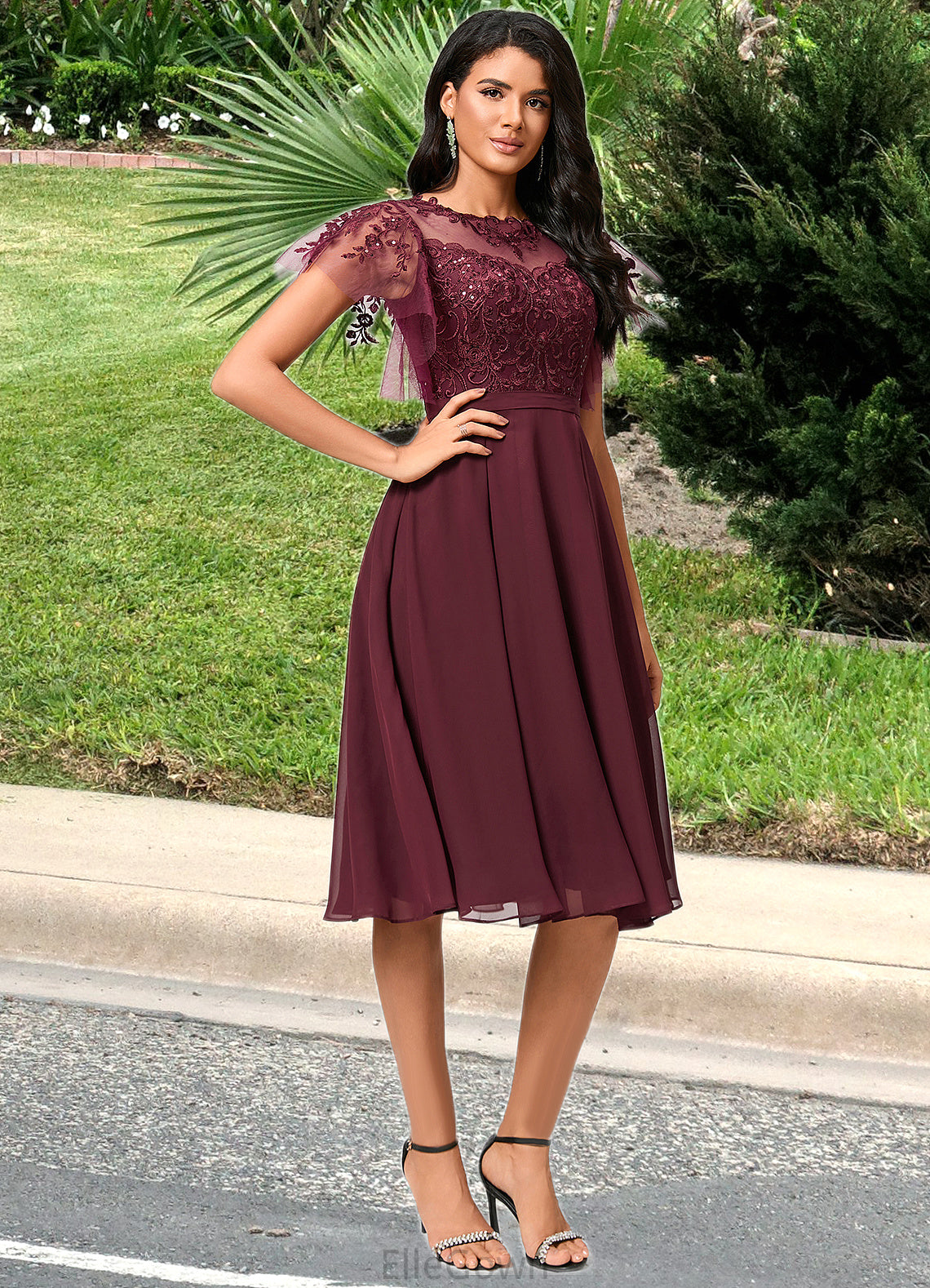 Ashanti A-line Illusion Knee-Length Chiffon Cocktail Dress With Sequins DEP0022512