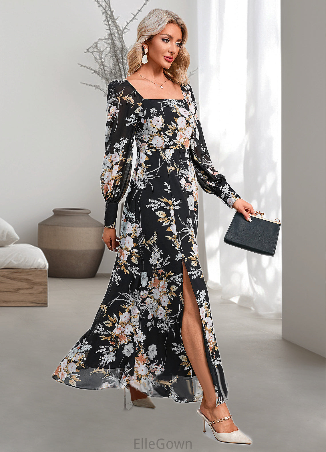 Helga Floral Print Off the Shoulder Elegant A-line Chiffon Maxi Dresses DEP0022515