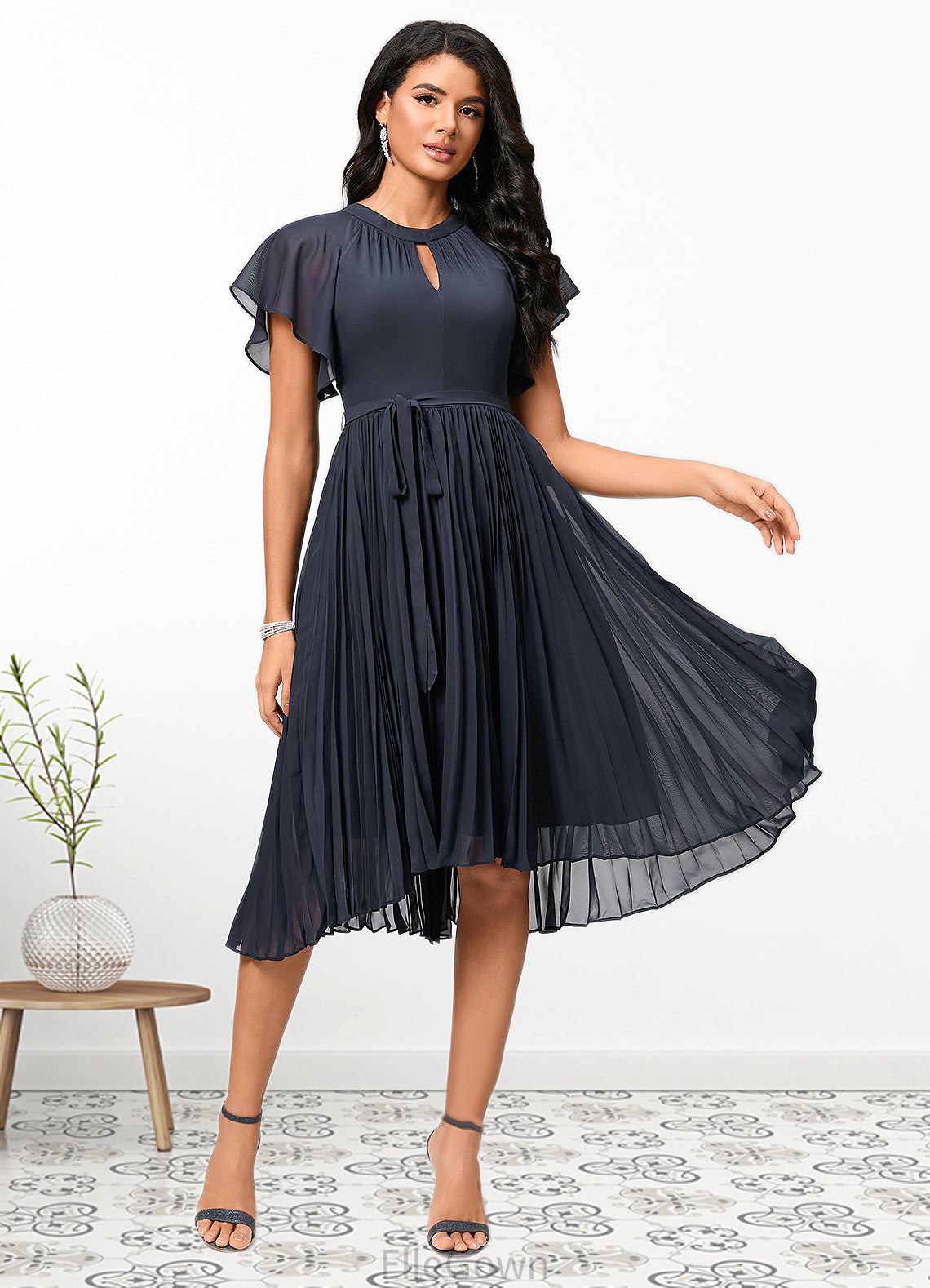 Undine A-line Scoop Asymmetrical Chiffon Cocktail Dress With Bow Pleated DEP0022530