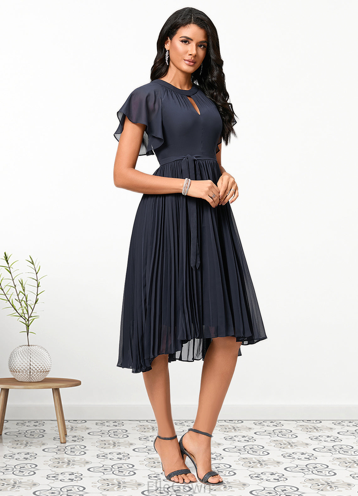 Undine A-line Scoop Asymmetrical Chiffon Cocktail Dress With Bow Pleated DEP0022530