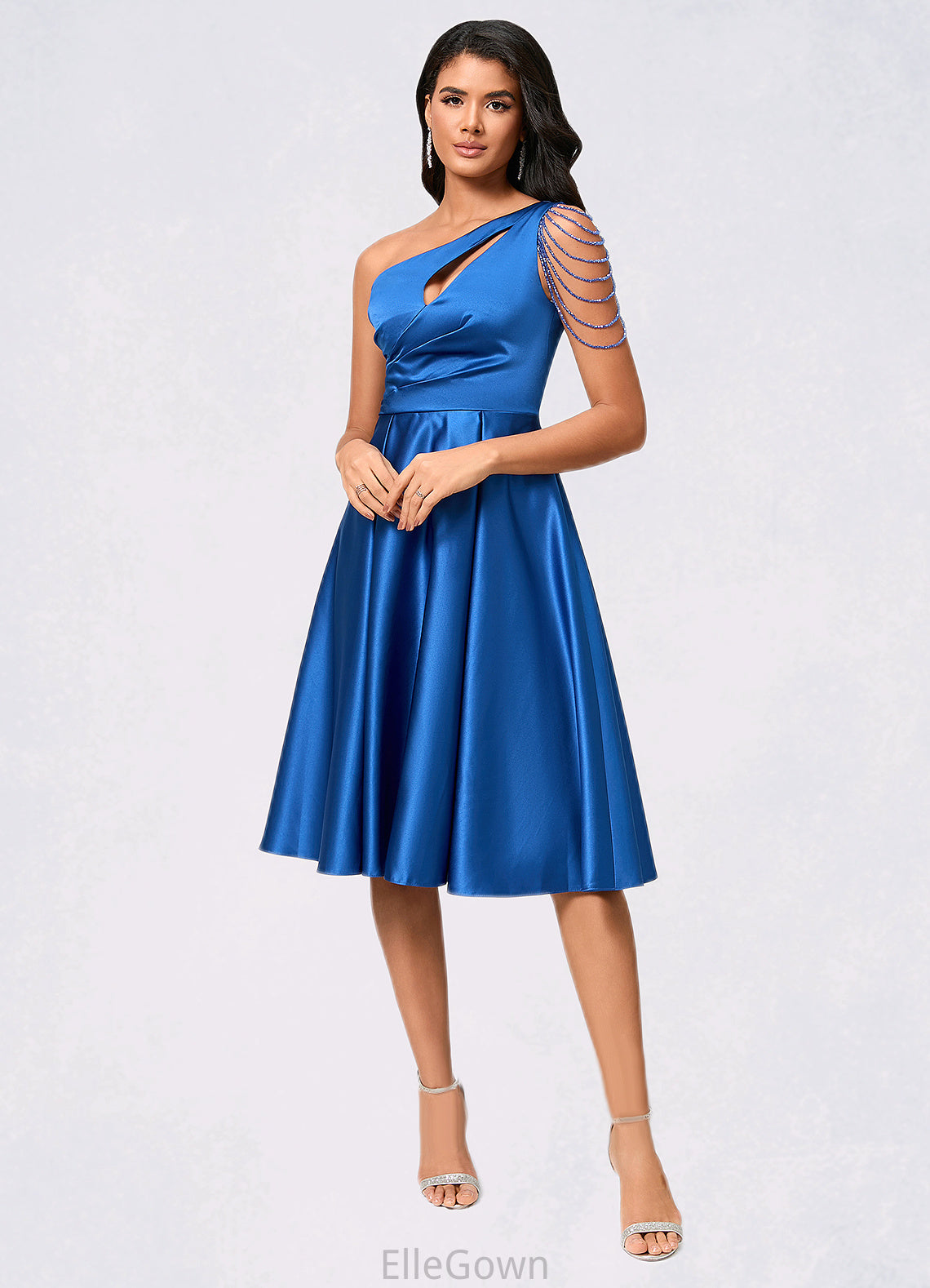 Zariah A-line One Shoulder Knee-Length Satin Cocktail Dress With Beading Pleated DEP0022531