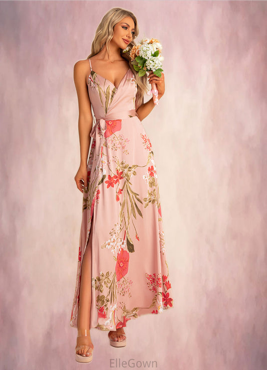 Penny A-line V-Neck Floor-Length Asymmetrical Satin Bridesmaid Dress With Floral Print DEP0022568