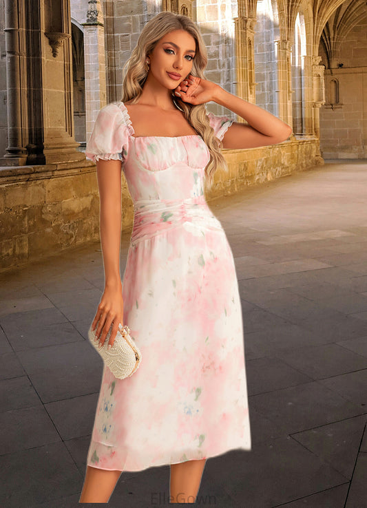 Elisa A-line Square Tea-Length Chiffon Bridesmaid Dress With Floral Print DEP0022570