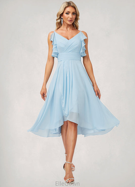 Bella A-line V-Neck Floor-Length Chiffon Bridesmaid Dress With Ruffle DEP0022573