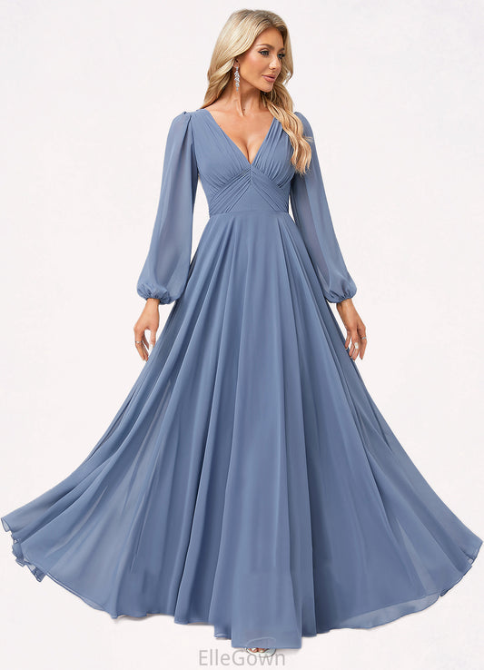 Carleigh A-line V-Neck Floor-Length Chiffon Bridesmaid Dress DEP0022579