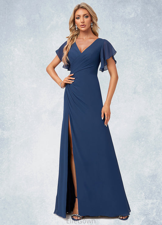 Francesca A-line V-Neck Floor-Length Chiffon Bridesmaid Dress With Ruffle DEP0022582