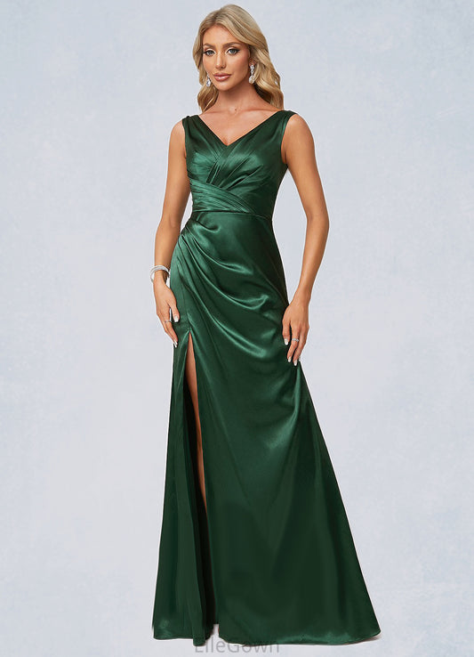 Yareli A-line V-Neck Floor-Length Stretch Satin Bridesmaid Dress DEP0022590