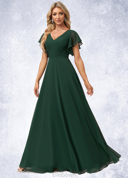 Harper A-line V-Neck Floor-Length Chiffon Bridesmaid Dress With Ruffle DEP0022591