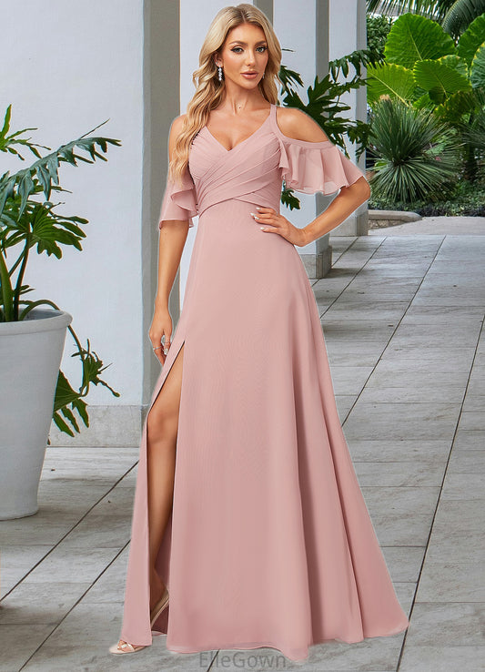 Noelle A-line Cold Shoulder Floor-Length Chiffon Bridesmaid Dress With Ruffle DEP0022599
