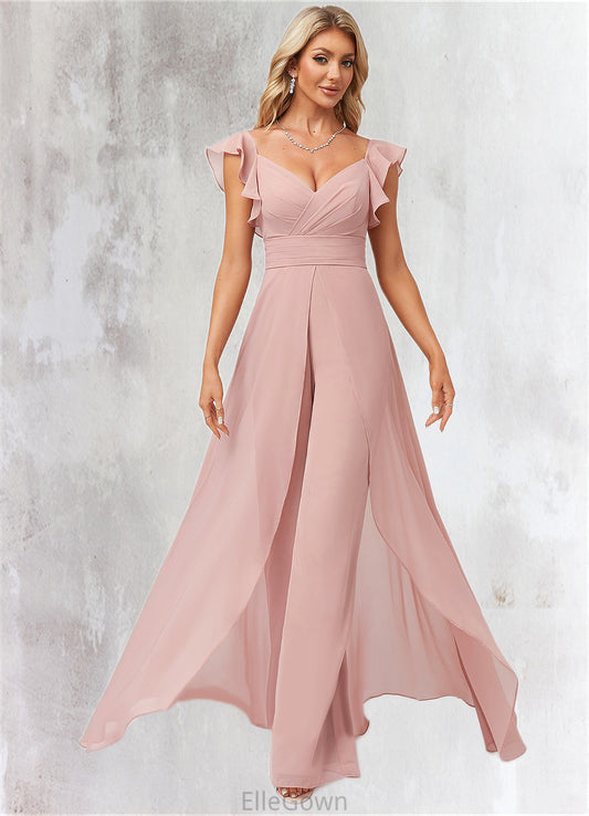 Willow Jumpsuit/Pantsuit V-Neck Floor-Length Chiffon Bridesmaid Dress With Ruffle DEP0022600