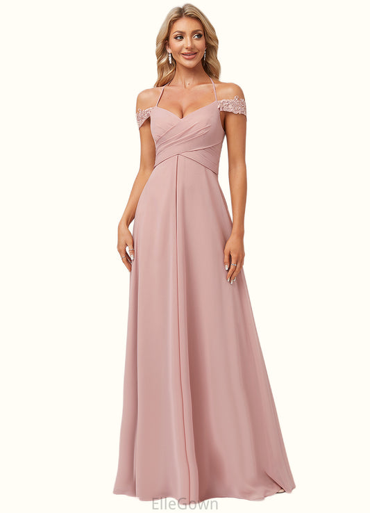 Lola A-line Cold Shoulder Halter Floor-Length Chiffon Lace Bridesmaid Dress DEP0022601