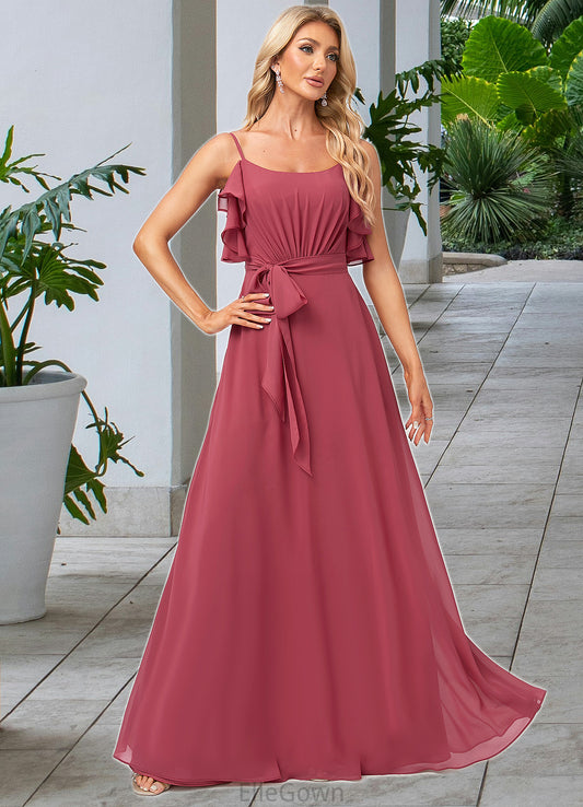 Valentina A-line V-Neck Floor-Length Chiffon Bridesmaid Dress With Ruffle DEP0022604