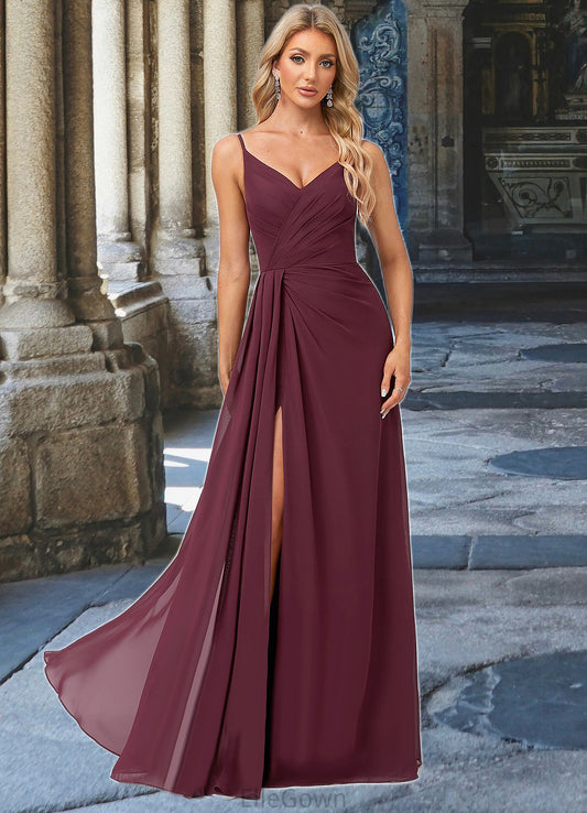 Danika A-line V-Neck Floor-Length Chiffon Bridesmaid Dress With Ruffle DEP0022611