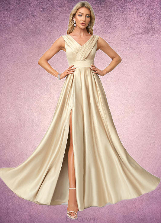 Shayna A-line V-Neck Floor-Length Satin Bridesmaid Dress DEP0022612