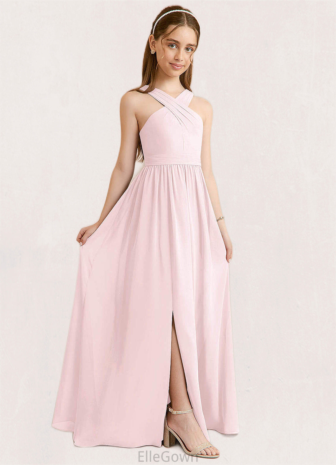 Gabrielle A-Line Pleated Chiffon Floor-Length Junior Bridesmaid Dress Blushing Pink DEP0022849
